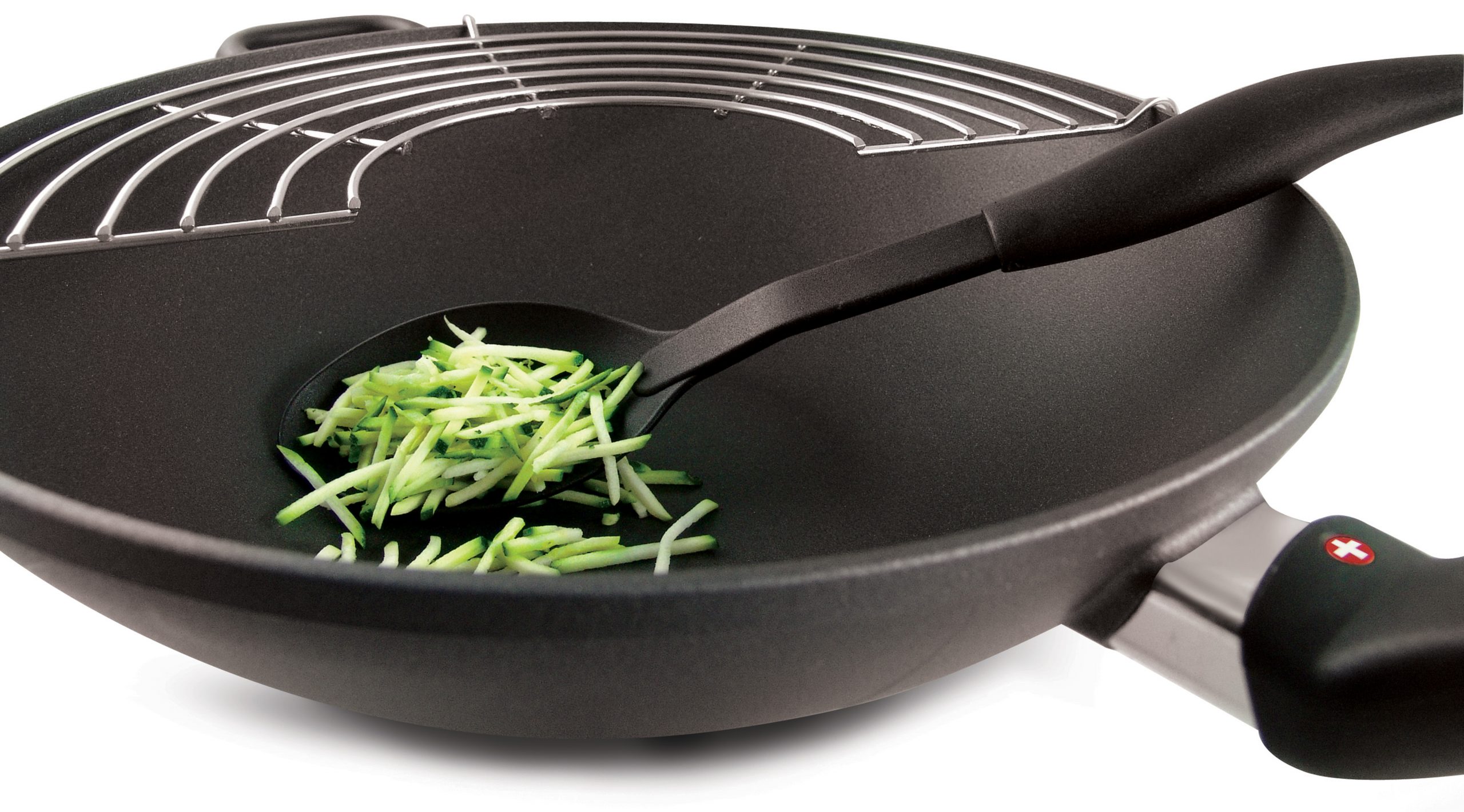 Swiss Diamond Wok 36cm con Doppia Maniglia 61136 Grglia Interna e Coperchio in Vetro